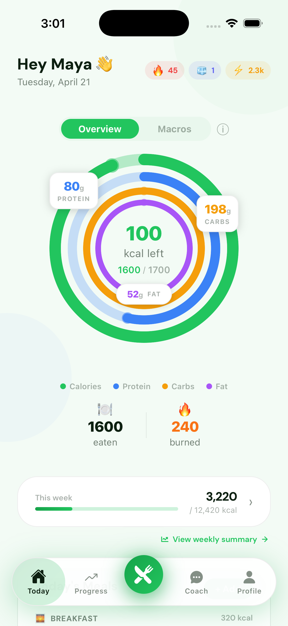 WatchMyCal app showing today's calorie and macro overview with progress rings