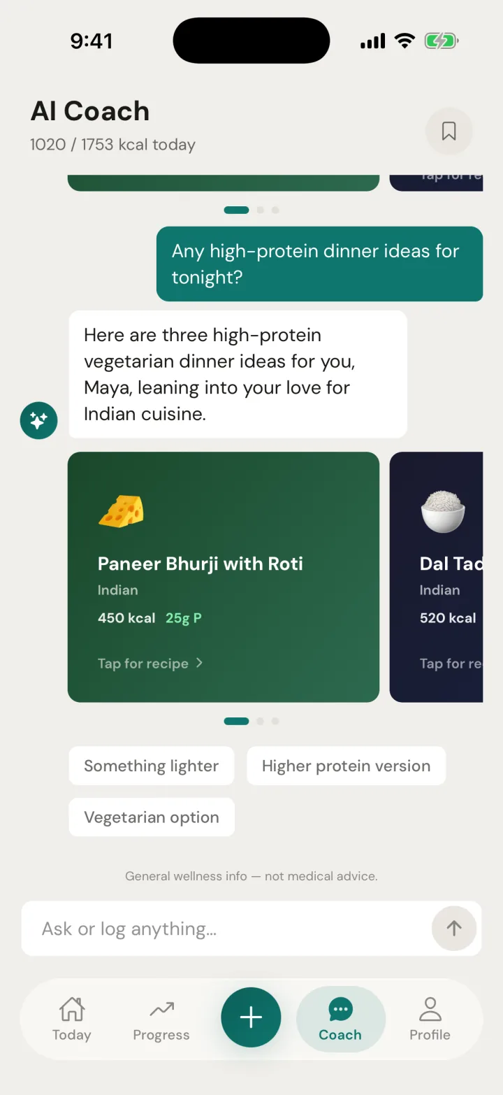AI Coach answering “Any high-protein dinner ideas for tonight?” with vegetarian Indian ideas for Maya, led by a Paneer Bhurji with Roti recipe card at 450 kcal and 25 g protein.